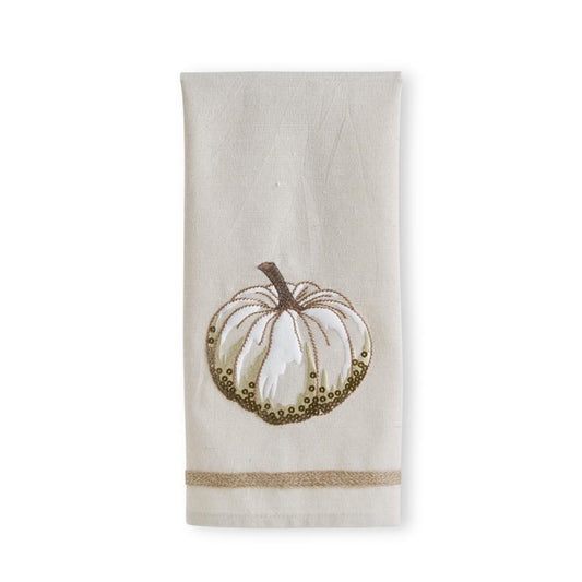 27” Cream Tea Towel w/Embroidered Pumpkin