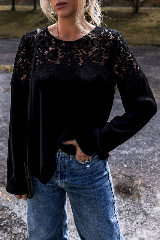 Lace Crochet Patchwork O Neck Long Sleeve Top: Black / Missy