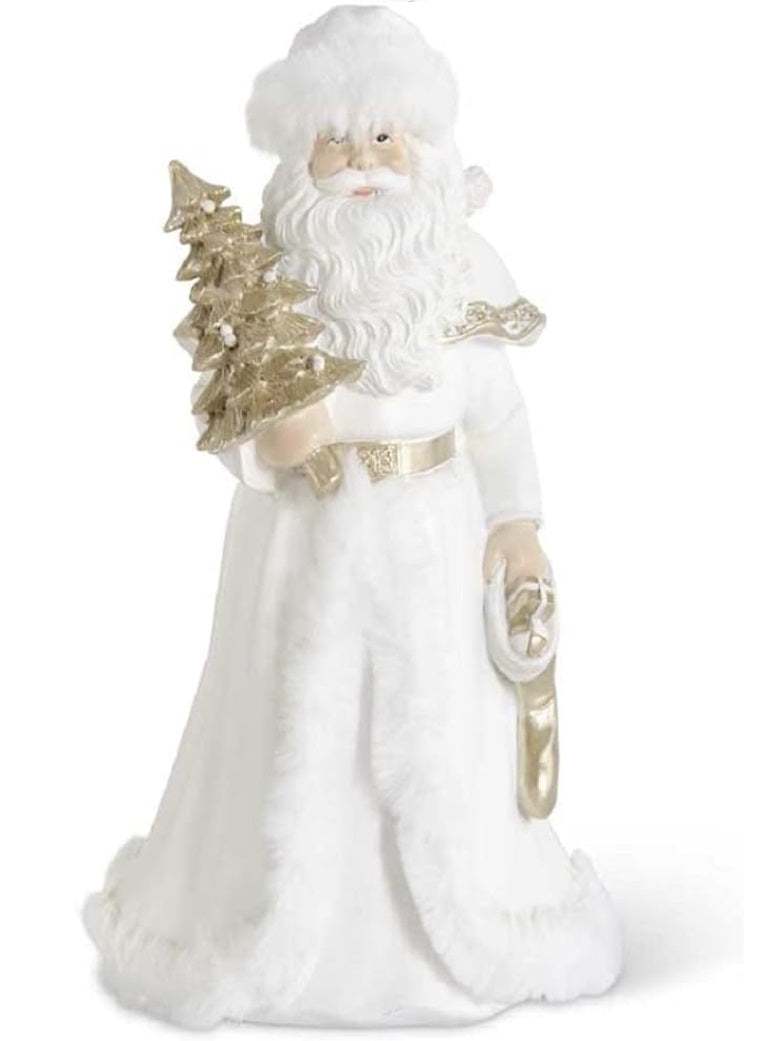 9in White & Gold Resin Santa Holding Tree w/Fur Trim